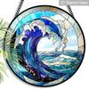 2D Flat Stained Glass Blue Waves Window Decoration, 7.87inches Turbulent Seas Design Colored Glass Plate with Chain, Charming Spring Summer Sun