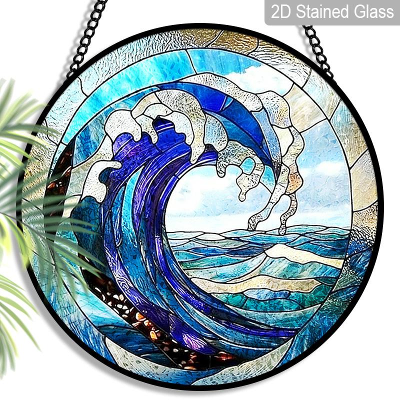 2D Flat Stained Glass Blue Waves Window Decoration, 7.87inches Turbulent Seas Design Colored Glass Plate with Chain, Charming Spring Summer Sun