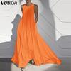 VONDA Summer Women Round Neck Sleeveless Solid Color Holiday Beach Long Pleated Dress