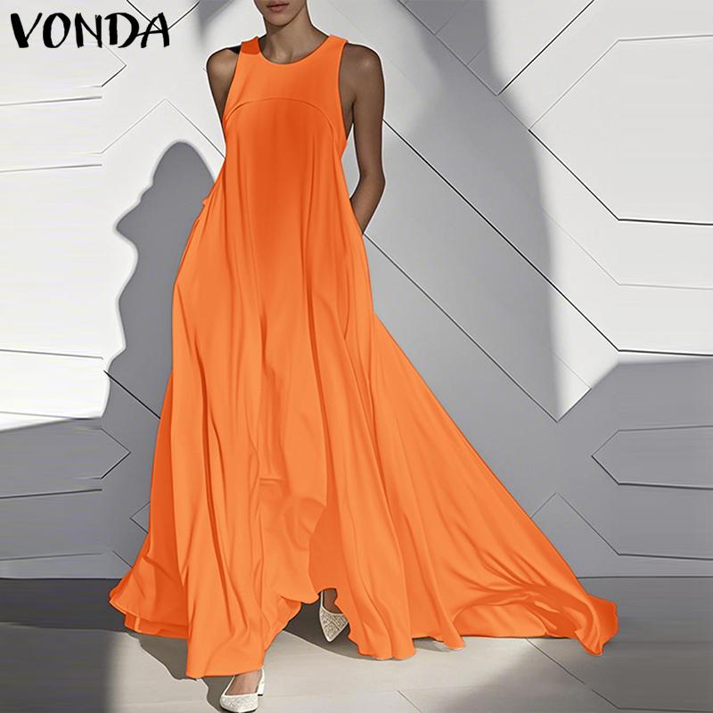 VONDA Summer Women Round Neck Sleeveless Solid Color Holiday Beach Long Pleated Dress