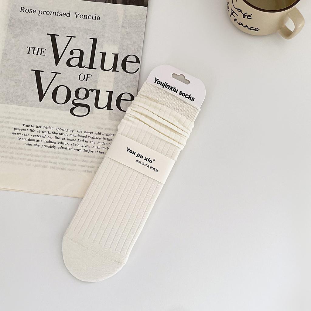 Boneless Solid Color Straight Socks Women'S Loose Cotton Stacked Socks Simple And Versatile Mid-Leg Socks