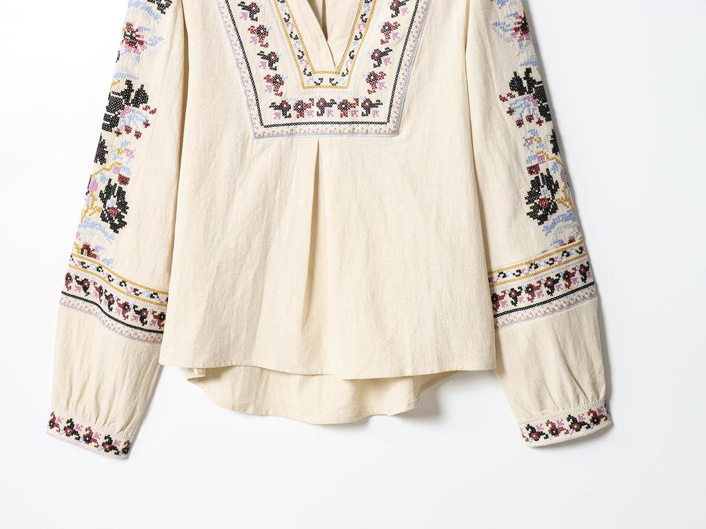 European American V-Neck Long Sleeve Embroidered Slimming Shirt for Women