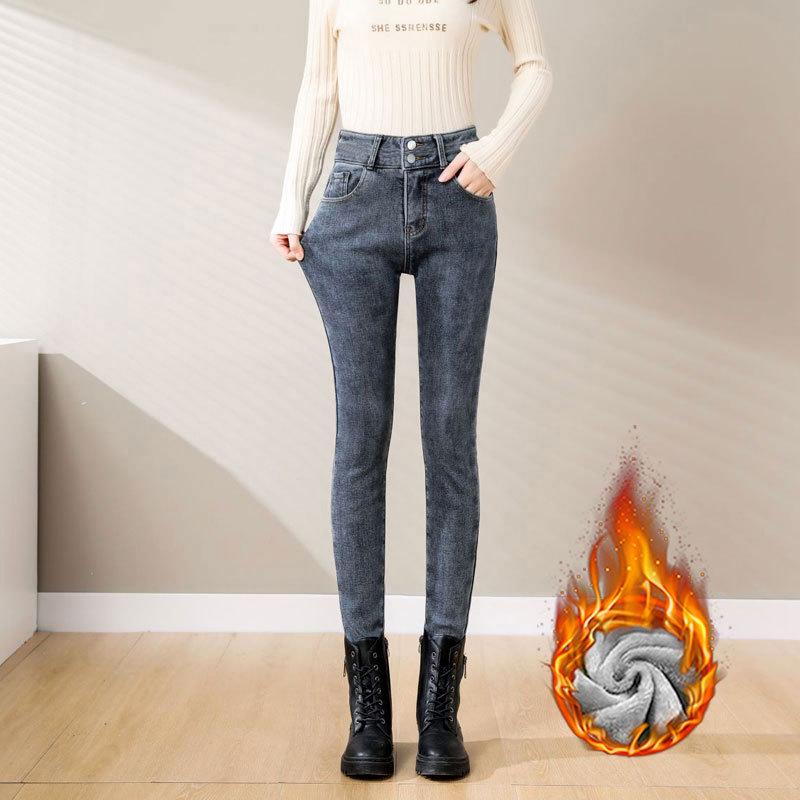 

Женские бархатные узкие джинсы с высокой талией: Теплые облегающие брюки серо-голубого цвета для осени/зимы 29