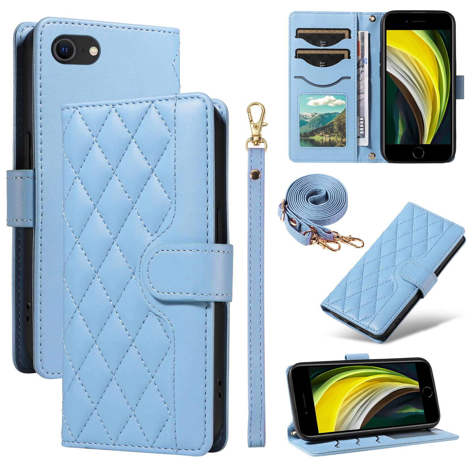 

For iPhone SE (2022)/SE (2020)/iPhone 8/7/6s/6 Case Rhombus Pattern Leather Phone Cover with Straps Blue