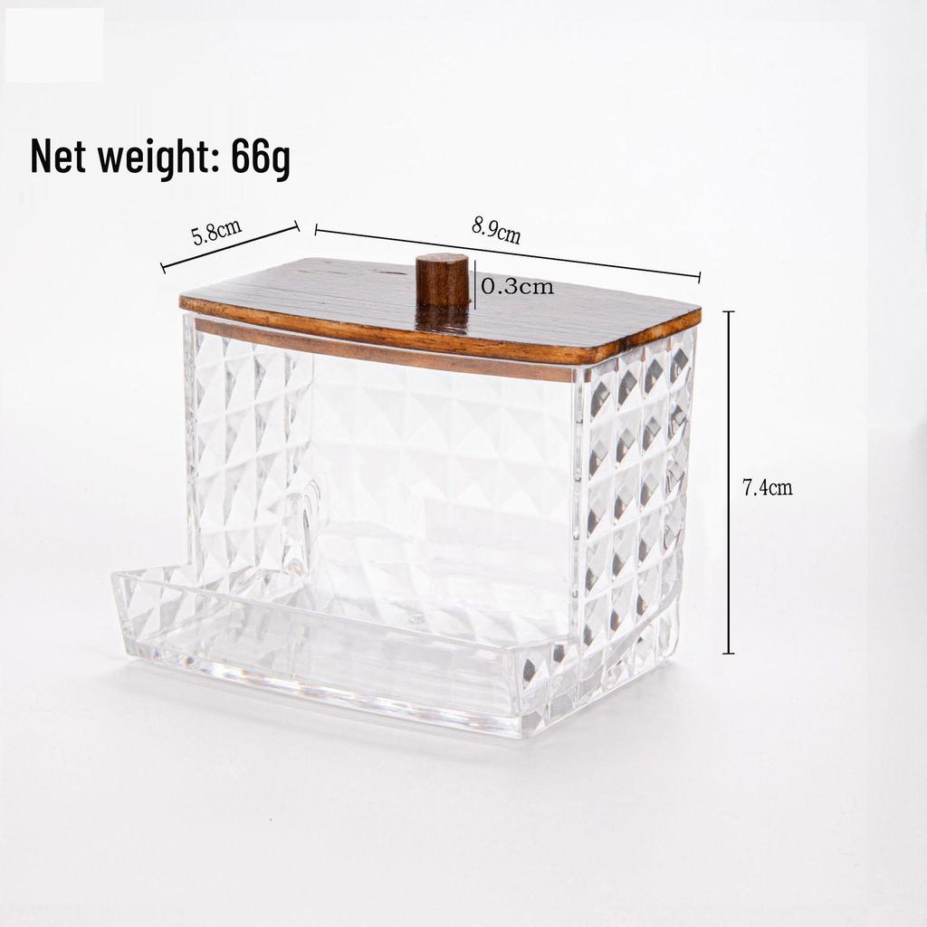 Suport transparent pentru bețișoare de bumbac cu model de diamant - capac din bambus, cutie rotundă portabilă pentru depozitarea cosmeticelor