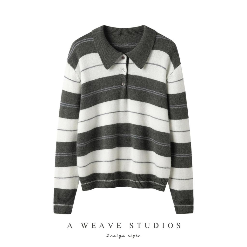 Seven-Gauge Thickened Cashmere V-Neck Color-Block Stripe Polo Collar Pullover