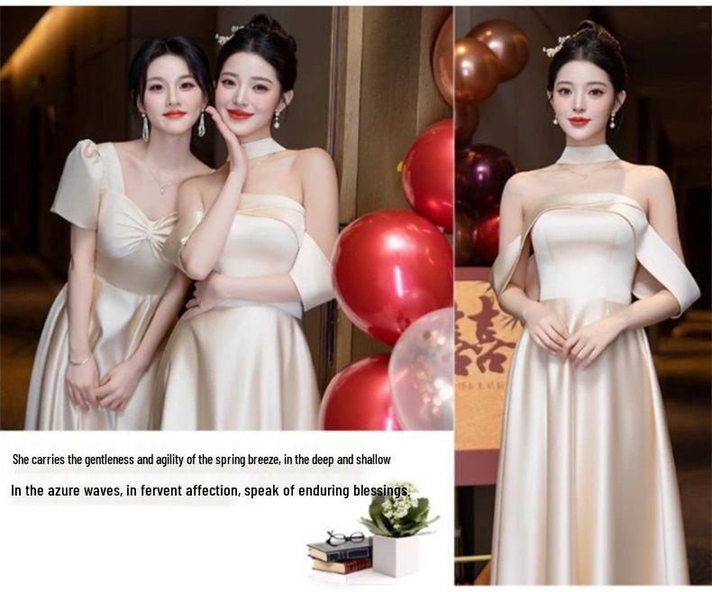 Champagne Satin Bridesmaid Dress - 2025 Autumn/Winter Collection, Versatile High-End Evening Gown for Women