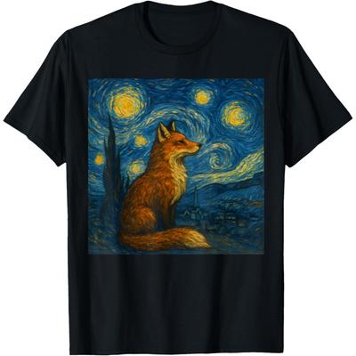 Fox Starry Night Funny Fox Art Van Gogh Style T-Shirt