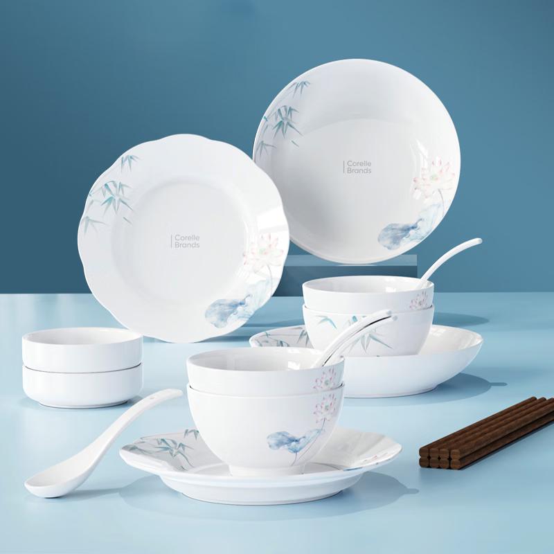 CORELLE Bamboo Dew Lotus Wind 28-Piece Dinnerware Set