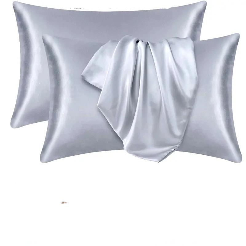 1 Pair Silky Soft Decorative Sleeping Pillow Covers for Bedroom Solid Color Imitation Silk Pillowcase Set