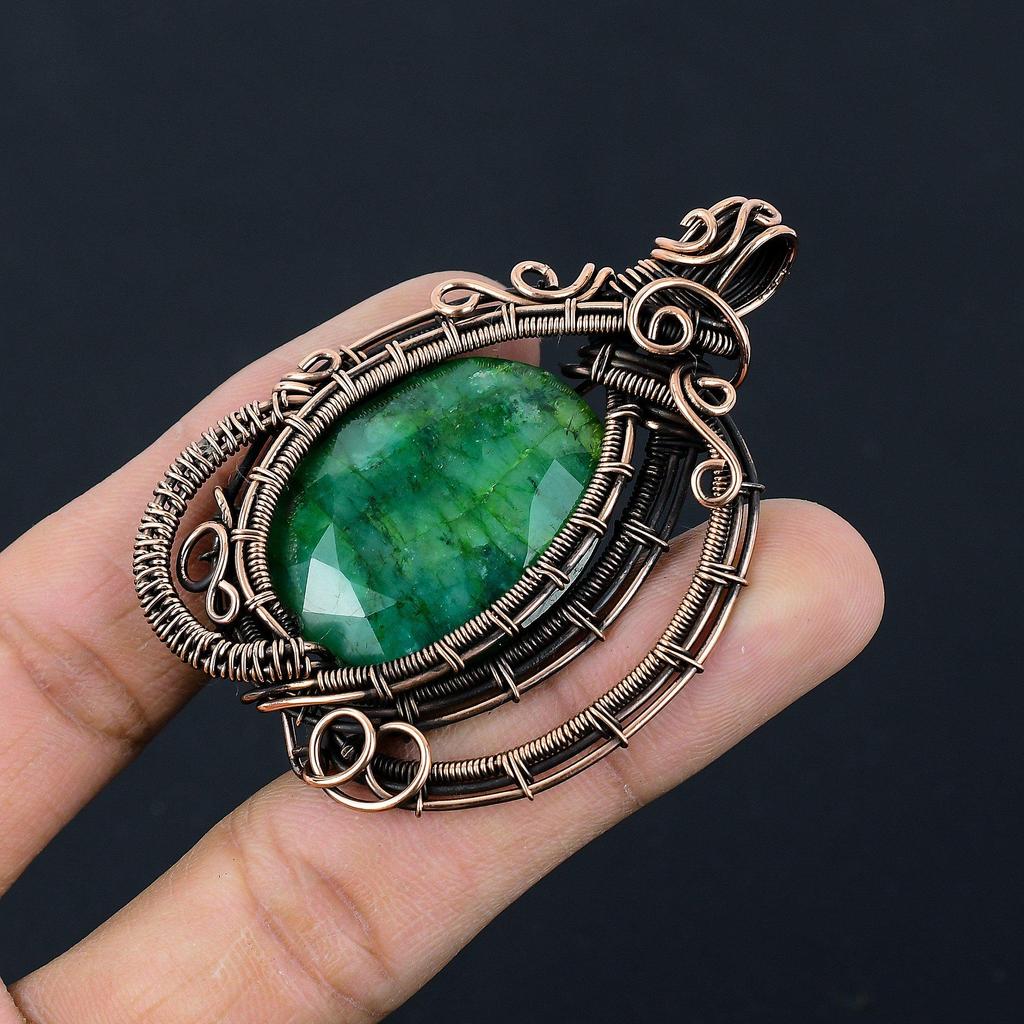 Emerald Pendant, 999 Copper Wire Wrapped Pendant Gemstone Jewelry, Handmade Pendant Amazing Jewelry, Gift For Her