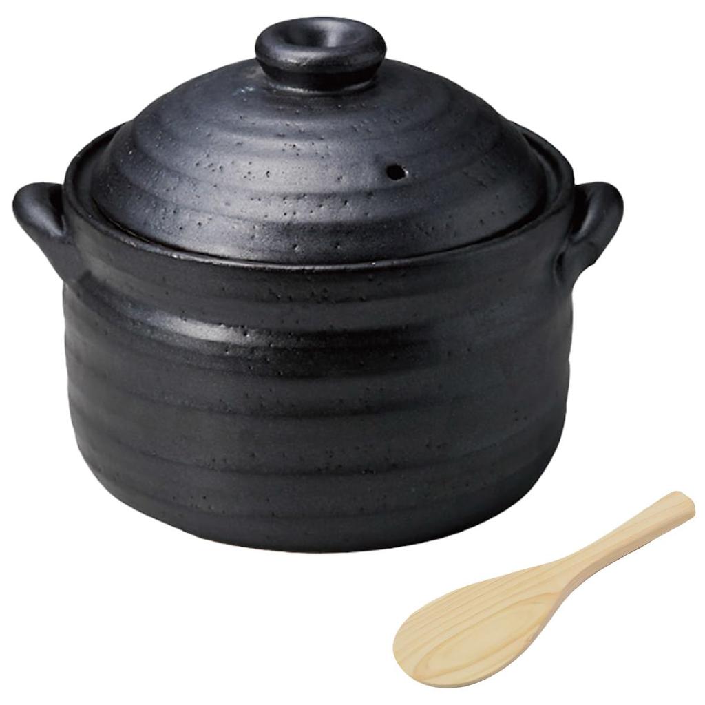 Traditional Honpo Rice Cooker (Earthenware Rice Cooker) - IH Compatible, Black Glazed Metal, Double Lid, 3-Cup Capacity, Wooden Rice Paddle, IH & Dire
