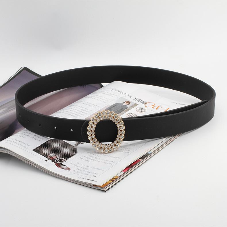 

Diamond Buckle Round Black Waist Belt Womens Imitation Material Leather