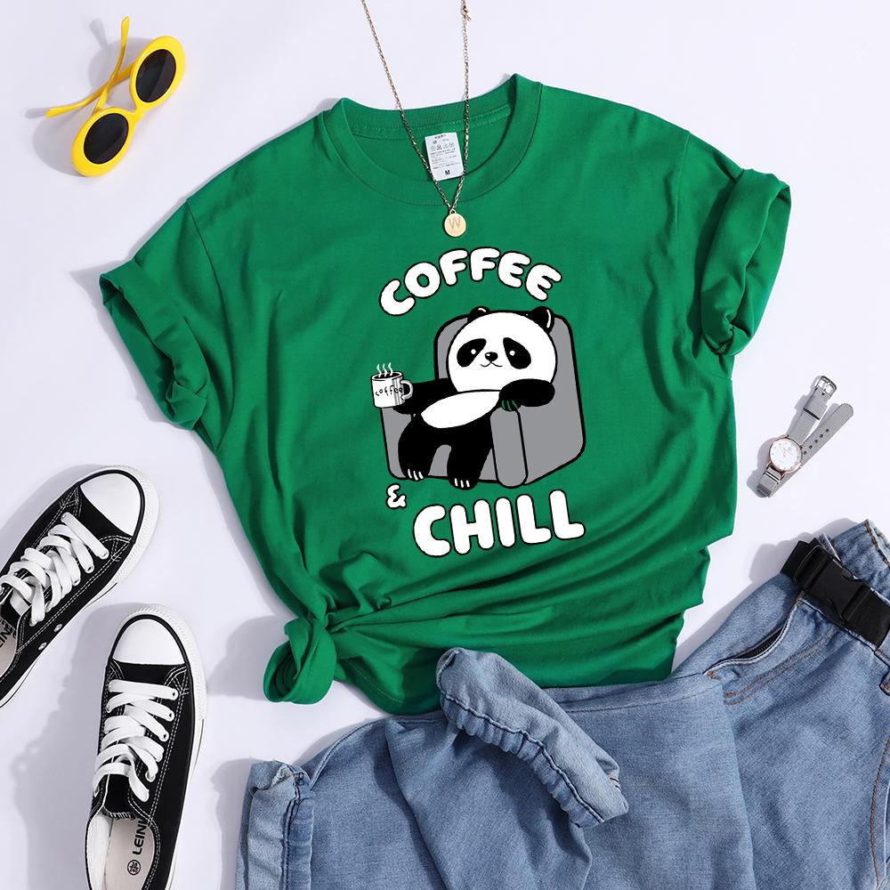 Coffee And Chill Kawaii Panda T Shirts Female Street Creativity T-Shirt Soft Casual Tee Clothes Hip Hop Cool Crop Tops
