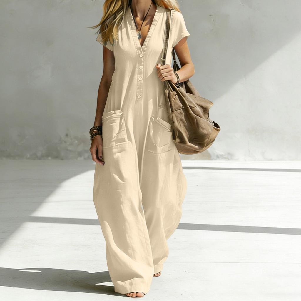 Damski Modny Kombinezon Bawełniano-Lniany z Dekoltem V, Krótkim Rękawem, Zapinany na Guziki, z Kieszenią, Luźny Krój, Casualowy Romper na Lato, do Codziennego Użytku