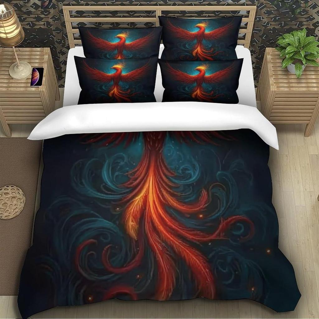 Phoenix Duvet Cover for Adult Teen,Fiery Phoenix Bedding Set with Pillow Cases,Dreamy Sky Clouds Printed Microfiber Quilt Cover