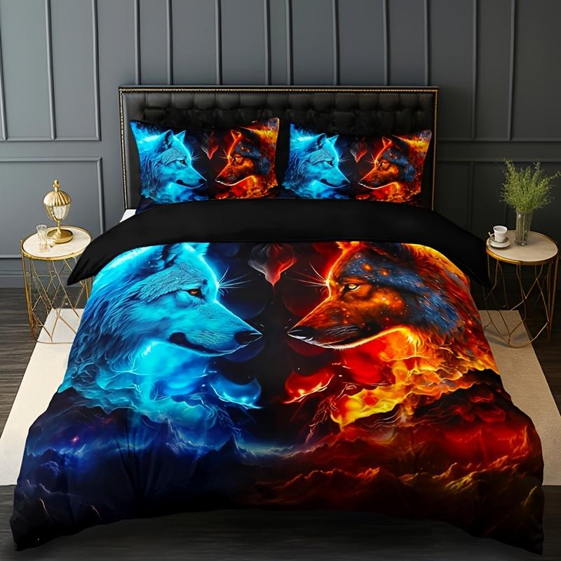 Wolf Flame Duvet Cover Set Soft Breathable Polyester Bedding Set For All Seasons Includes Duvet Cover And 2 Pillowcases