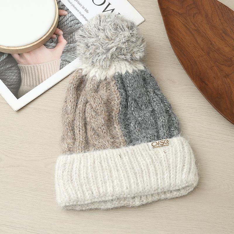 Korean Version of All match Color blocking Plaid Wool Hat Cute Fur Ball Plus Velvet Warm Hat Autumn and Winter Outdoor Leisure Cold Hat New