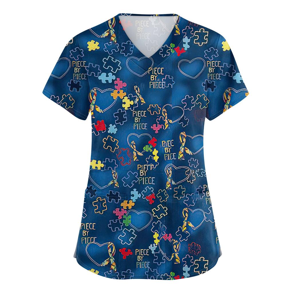 Women's V-neck Cartoon Printed Short-sleeved Pocket Side-slit Protective Suit Top