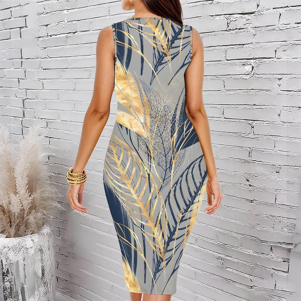 Women Plus Size Sleeveless Round Neck Midi Bodycon Dress Black Base Autumn Leaf Print Slim Fitted Dress