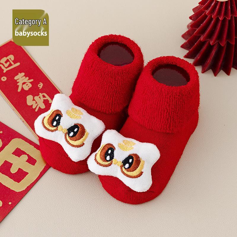 Newborn Toddler Red Terry Cloth Anti-slip Socks - Thick, Warm & Cozy for Autumn/Winter