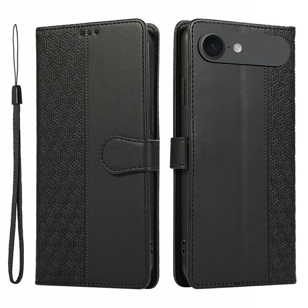 For iPhone 17 Air Case Splicing Imprinted Rhombus Leather Phone Cover with Wrist Strap