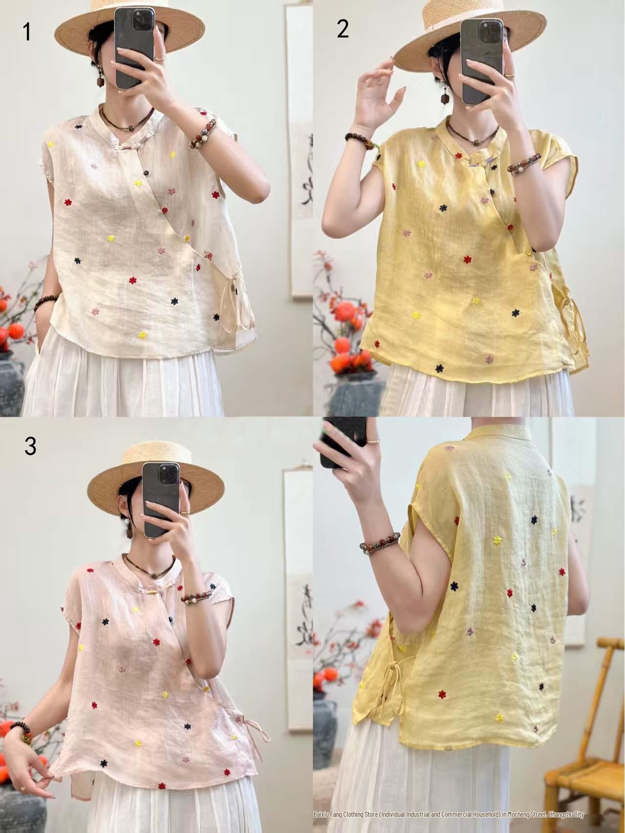 

Women s Chinese Style Embroidered Ramie Cardigan with Stand Collar and Diagonal Closure - Summer 2026 Loose Three-Quarter Sleeve Top Color 3