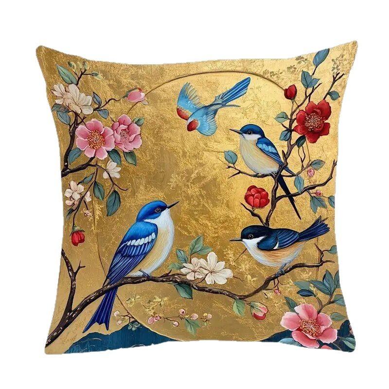 Luxury Gold Floral And Bird Print Pillowcase Hidden Zipper Closure Decorative Throw Pillow Cover Accent Cushion Case