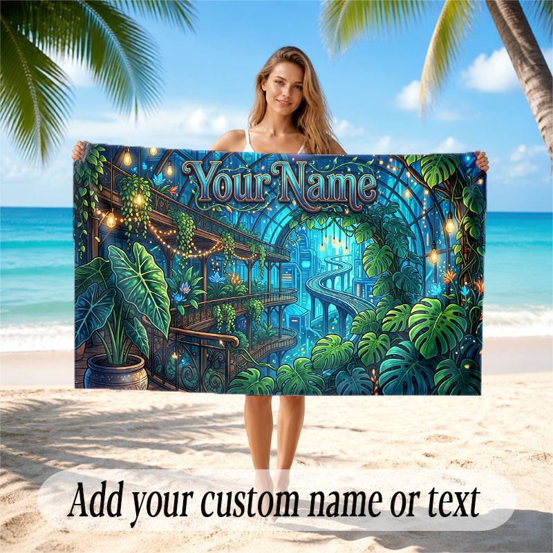 Mushroom Forest Theme Soft Beach Towel Personalized Custom Name Text Towel Portable for Beach Pool Travel