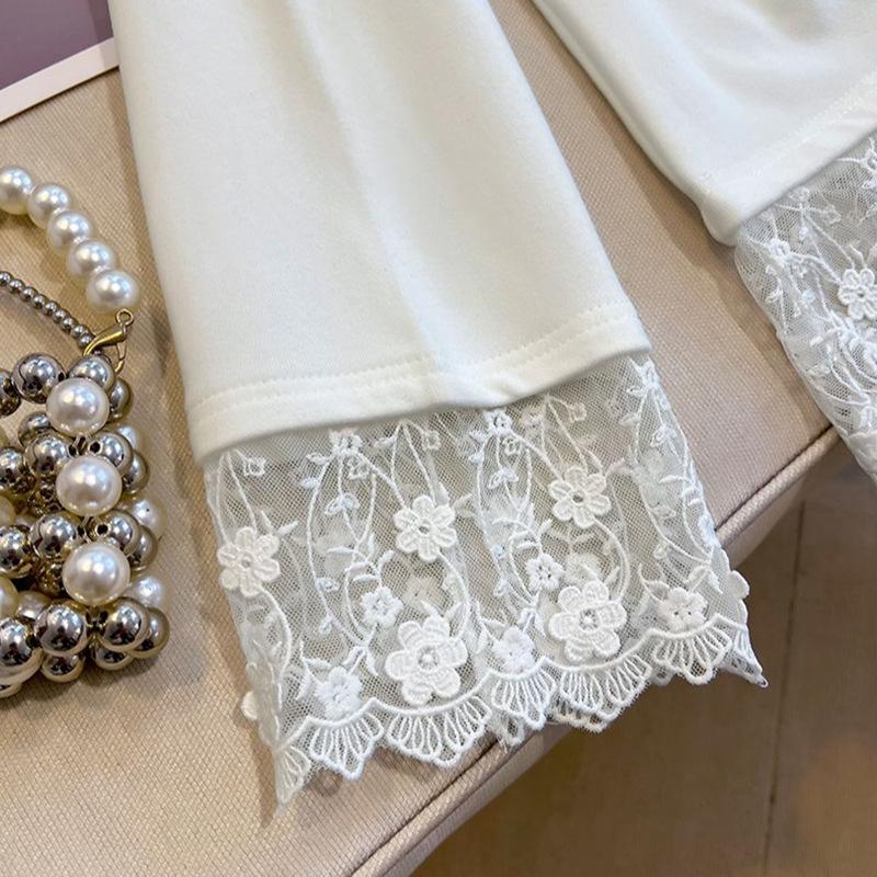 Women's Spring White Lace Embroidered Floral Ruffle Long Sleeve Mid-length Top