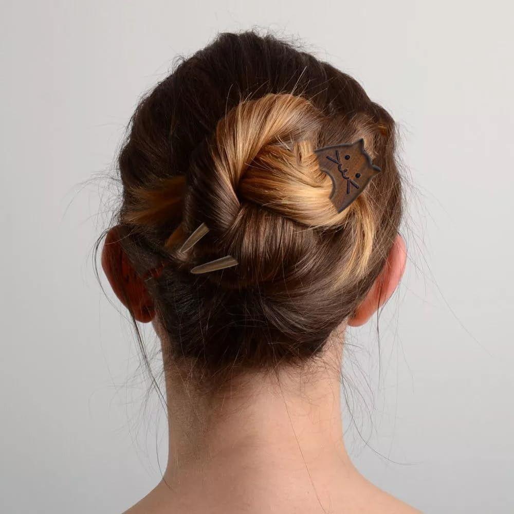 Wooden Cat Pattern Hair Sticks Chinese Style Hanfu Hairpin New U Shaped Hair Forks  Women Girls
