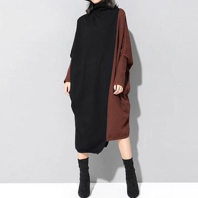 Autumn Winter Women's Dress Fashion Leisure Knitted Medium Length Dresses Bat Sleeve High Collar Dress