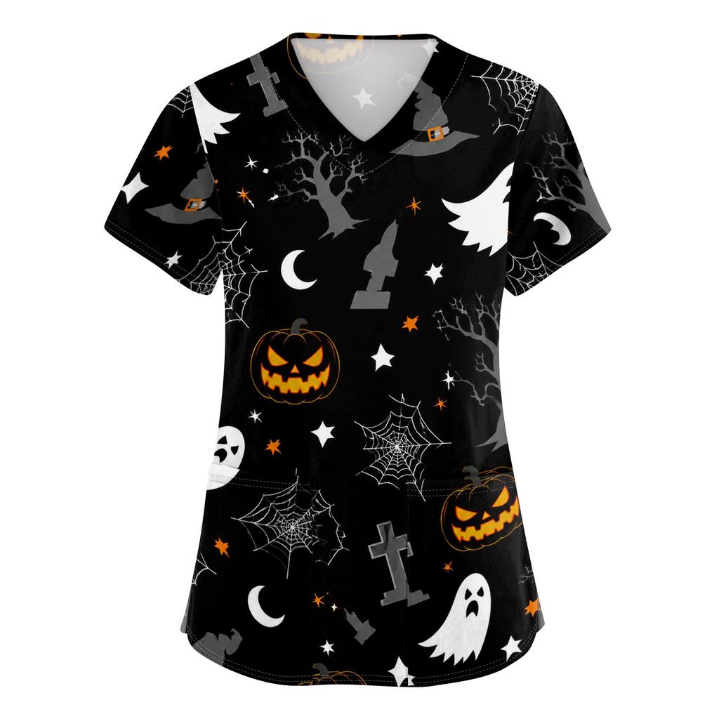 Women V Neck Halloween Print Short Sleeve Medical Scrub Top with Pocket Side Slit Design Comfortable Fit Workwear