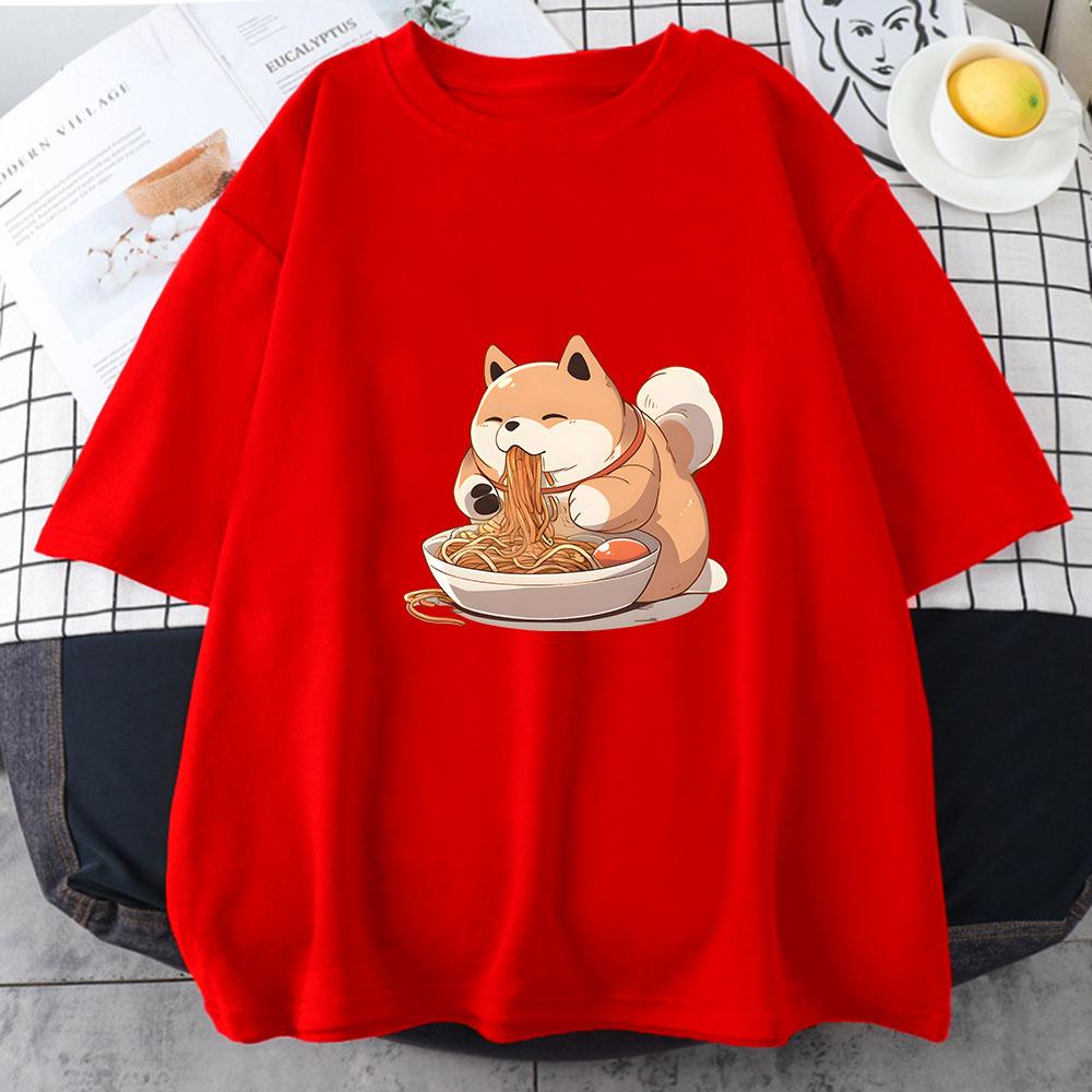 Shiba Inu Enjoying RaUnisex Graphic Tshirt Women Clothes Summer Funny Japanese Noodle Harajuku Print Shirt Kawaii Cat Fashion Tops