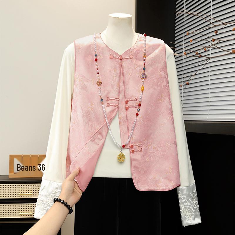 

Spring & Autumn Chinese Style Vest for Middle-aged Mothers, Fashionable Age-Defying Sleeveless Cardigan 5XL (140-158 jin) рожевий