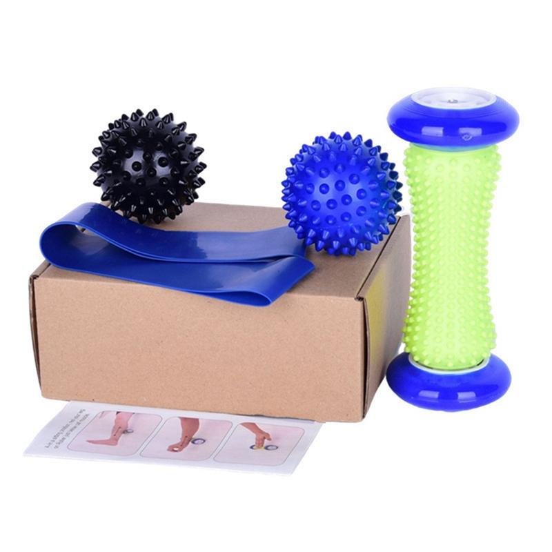 4-delars set Pvc Yogatillbehör med taggar Träningsmassageboll Elastiskt band Ankelrulle Utrustning