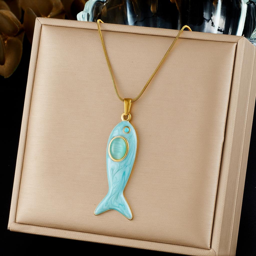 Edelstahl Blau Glasiert Emaille Fisch Anhänger Halskette Für Damen Lady Ozean Strand Mode Neues Schmuck Accessoire Party Geschenk