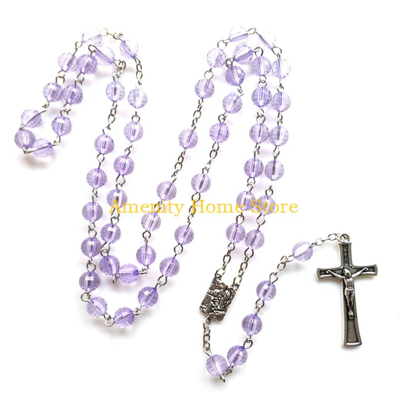 F26C Jesus for Cross Pendant Necklaces for Women Catholic Virgin-Mary Religious Prayer Rosary Necklace Long Crystal Bead Chai