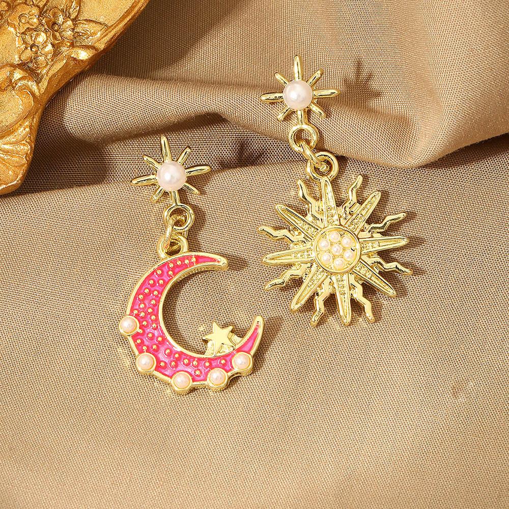 New  Inlaid Zircon Enamel  Moon Sun Asymmetrical Earrings Women Personalized Zircon Beach Holiday