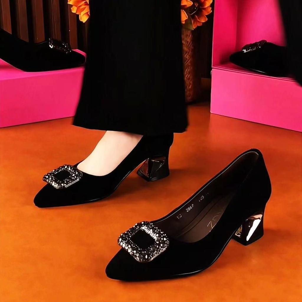 High Heels Women's Spring and Autumn Thin Heels Rhinestone Suede Not Tired Feet Temperament Pointed Square Buckle Single Shoe Temperament New