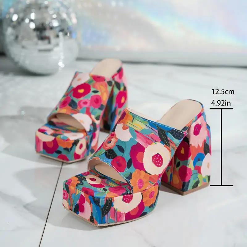 Fashion Brand Design Flower Printing Slip On Sandals Chunky Platform Super High Heel Slippers Women 2025 Summer Fashion Outdoor Slippers