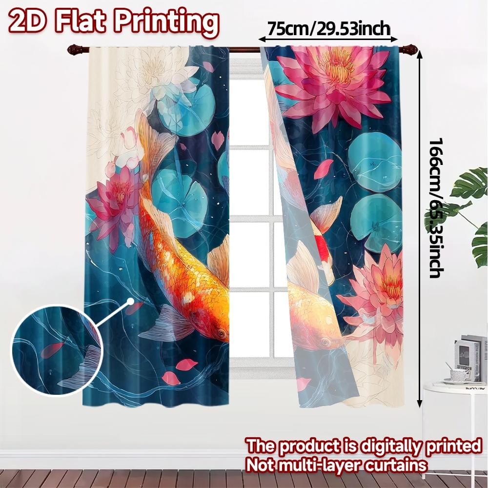 2pcs, 2D FLAT PRINTING Curtains (Without Rod) Koi Harmony Popular Curtain Fabric Versatile Fabric Curtains Room Decor Use for