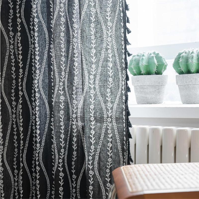 Pruhované Květinové Boho Závěsy do Ložnice Obývacího Pokoje, Bohémské Vintage Střapce Okenní Dekorace Závěs pro Domácí Dekorace Kapsa na Tyč, 1ks