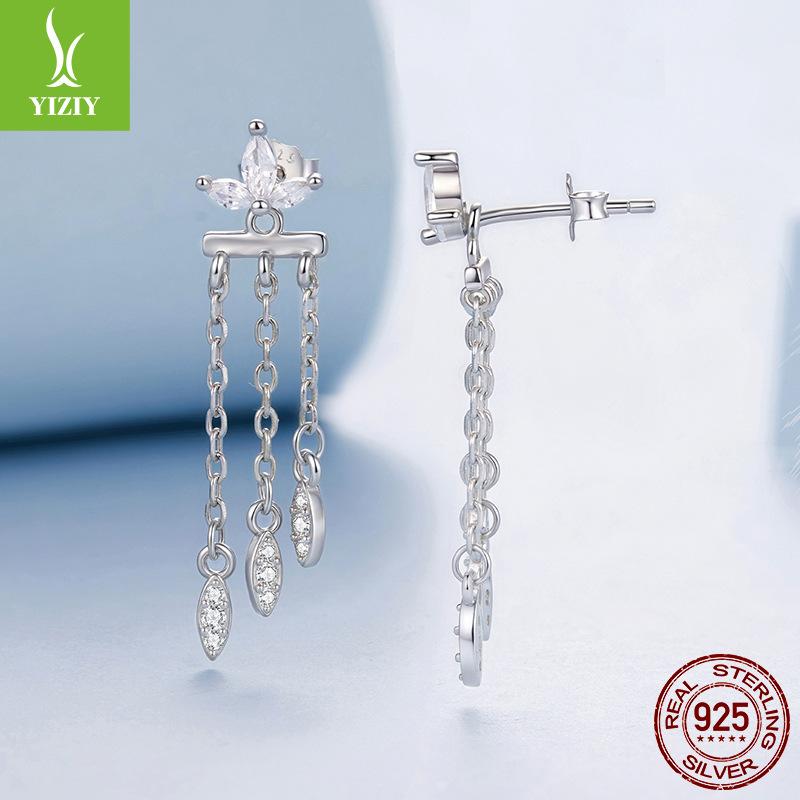 S925 Sterling Silver Small Flower Fringed Front And Rear Structure Stud Earrings Light Luxury Smart Fairy Wind Stud Earrings
