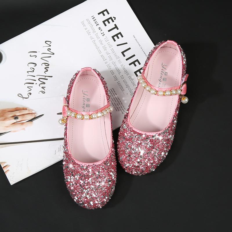 Girls Rhinestone Princess Shoes Soft Sole Leather Shoes Newest Baby Crystal Shoes Sequined Hotest Fashion Pearl Shoes Sweet Flats 25
