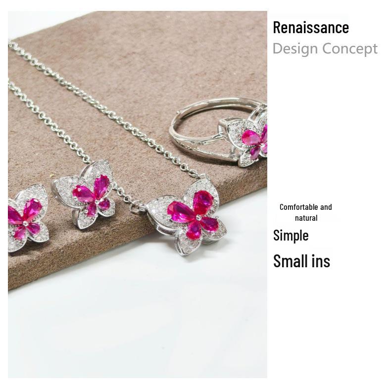 Gusien Exquisite Red Steel Butterfly Jewelry Set: Necklace, Ring & Stud Earrings - Korean Style Women's Fashion.