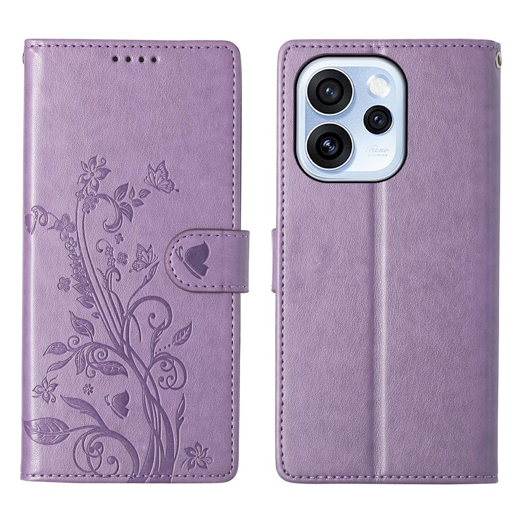 Für Oppo Reno15 F 5G Brieftaschenhülle Schmetterlings-Blumen-Prägung PU-Leder Handyhülle mit Handgelenkschlaufe