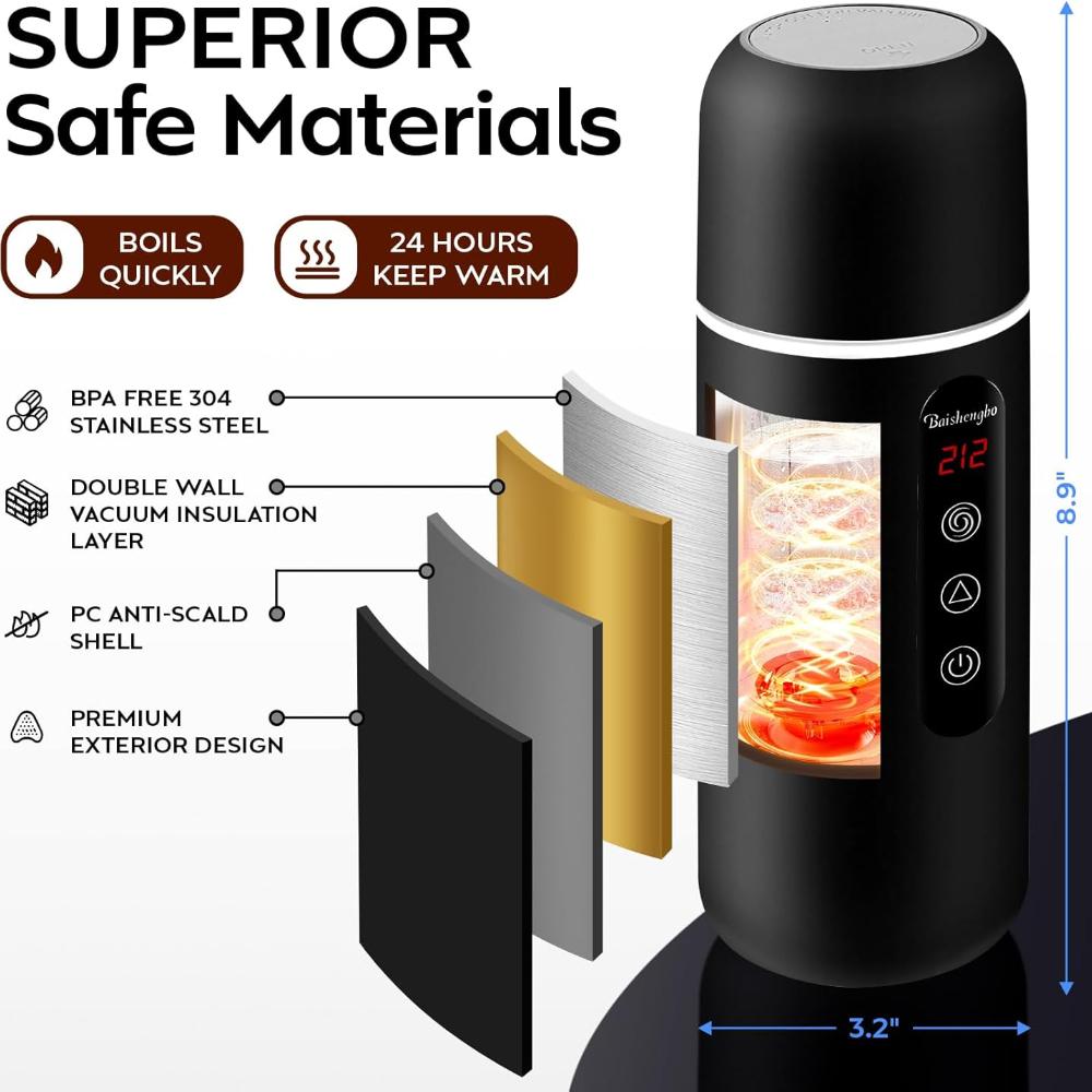 Electric Travel Kettle,12V/24V Car Coffee Warmer Kettle,Portable Hot Water Boiler,Small Hot Water Heater with Built-in Magnetic Induction Stirring