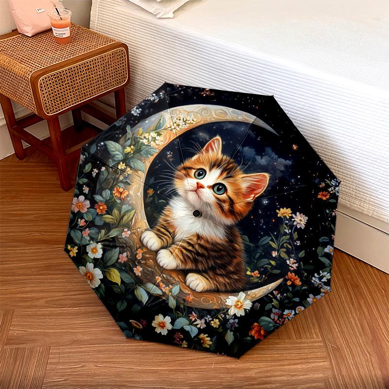 

1 PC Automatic Folding Umbrella - Kitten and Moon Night Pattern, Portable & Foldable Design with 8 Ribs, Christmas Birthday Gifts
