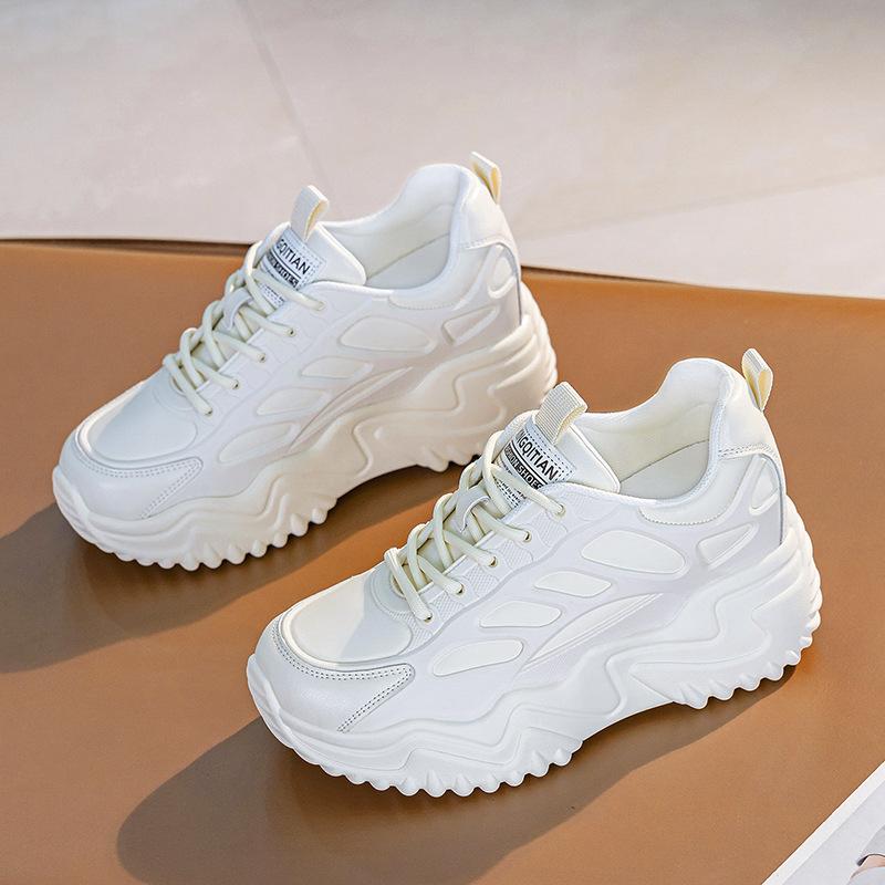 Genuine Leather Shoes Women Fashion Sneakers Flat Platform Height Increasing Shoes 7cm Brand Ladies Breathable Mesh Casual Shoes Black Beige